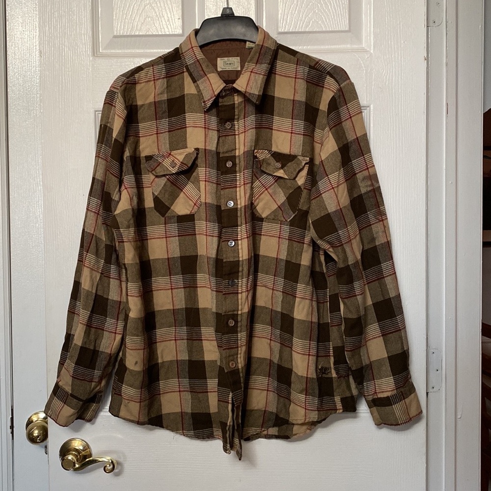 VTG 70’s SEARS Brown Plaid Print Work Shirt Button Down Long Sleeves